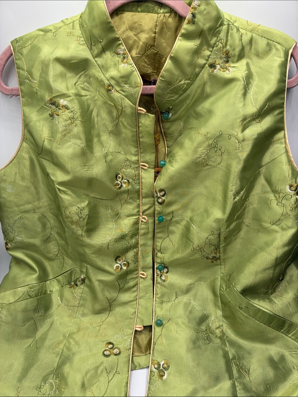 Embroidered Lime Green Mandarin-Collar Vest